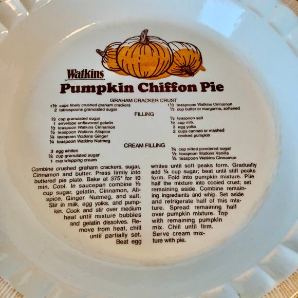 Watkins Stoneware Pumpkin Chiffon Recipe Deep Pie Plate 11" Recipe Vtg 1981 - Picture 5 of 12